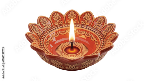 A detailed photograph of an ornate ceramic Diwali oil lamp (diya) with intricate floral patterns (2)_traced