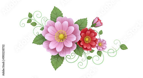 Pink and red floral arrangement with green vines