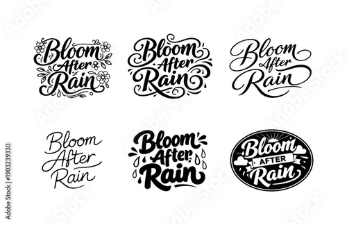 Bloom after rain. Set lettering. harmonious lettering variations of the same emblematic concept, each with different artistic interpretation