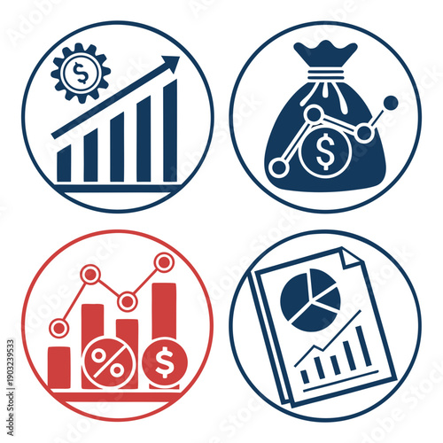 Four circular icons representing business, finance, industry, and technology. Vector