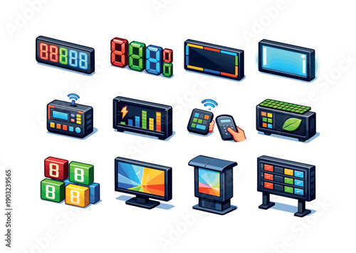 Digital price board. Colorful isometric vector icons set of Digital price board: LED number display, segmented price digits, electronic board
