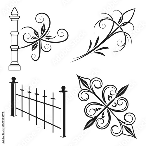 Intricate black and white floral and architectural designs with a vintage aesthetic Vector
