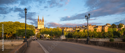 Sunset scenery in beautiful city of Angers in France, with famous chateau and cathedral