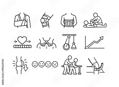 Post-Injury Therapy Icons. Post-Injury Therapy. Line icon set of Post-Injury Therapy: arm sling, knee support, back brace, guided stretching, healing timeline,