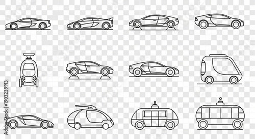 Collection of futuristic car and vehicle line art illustrations.