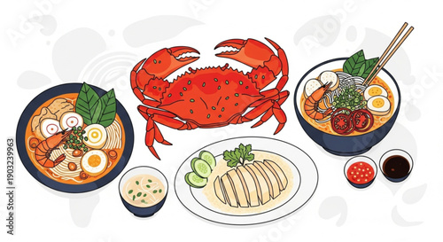 A vibrant illustration showcasing an authentic Asian culinary feast with a succulent red crab, rich noodle soups, and classic Hainanese chicken rice