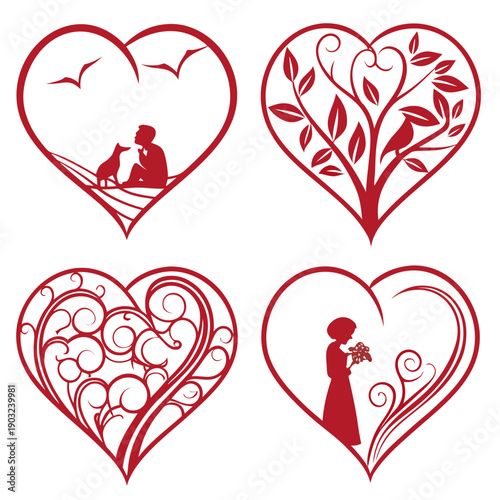Four intricately designed red hearts with romantic illustrations inside each one. Vector