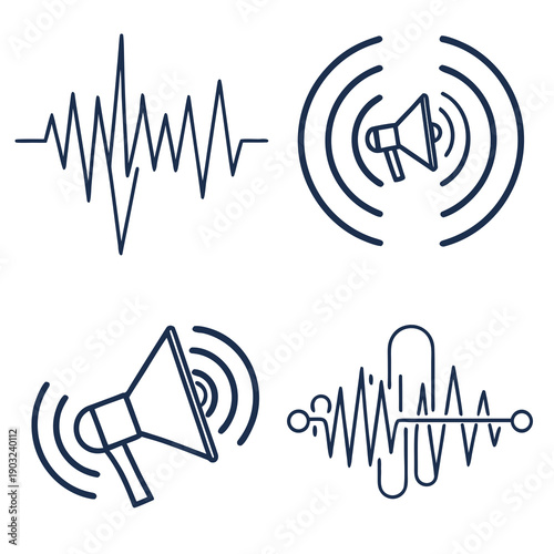 Various sound waves and speaker icons representing different types of audio frequencies. Vector