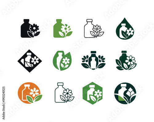 Soap making with botanical ingredients. Icon set. Set Logo of soap making with botanical ingredients: herbal oil bottle and flower.