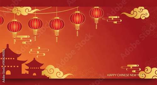 Vibrant Chinese New Year celebration with traditional lanterns and pagodas in a warm, festive atmosphere of red and gold