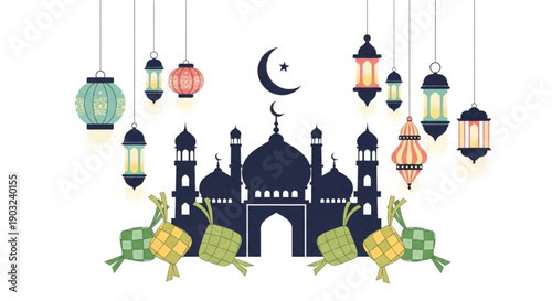 Beautiful Islamic celebration graphic with a mosque silhouette, traditional hanging lanterns, crescent moon, and ketupat, perfect for festive decorations