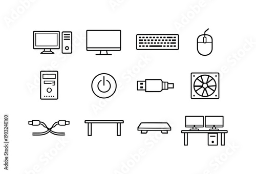 Computer. Line icon set of Computer: desktop computer, monitor screen, keyboard, mouse, system unit, power button, USB port, cooling fan,