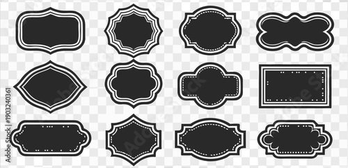 A collection of 24 unique, black, label-shaped silhouettes arranged on a transparent, checkered background. The labels vary in shape and size, each featuring a black fill outlined by a thin, white bor