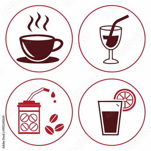 A collection of four different beverage icons including coffee, wine, tea, and soft drink Vector