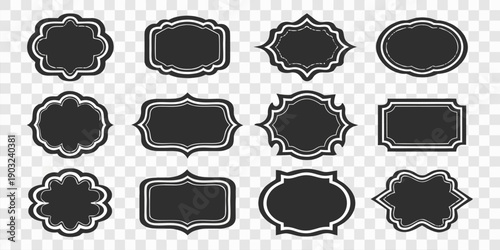 A collection of 24 unique, black, label-shaped silhouettes arranged on a transparent, checkered background. The labels vary in shape and size, each featuring a black fill outlined by a thin, white bor
