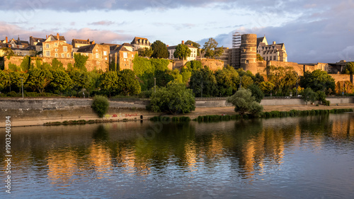 Photography Sunset scenery in beautiful city of Angers in France, with famous chateau and ca