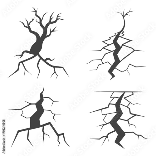 Four distinct black and white tree illustrations showcasing unique branch patterns. Vector