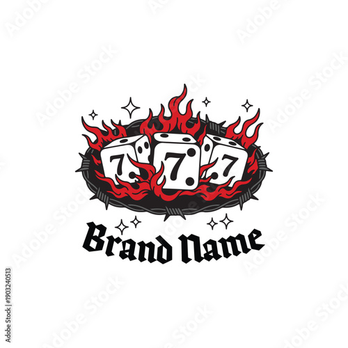 Lucky 777 Dice Logo with Flames and Gothic Typography