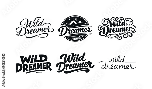 Wild dreamer script. Set lettering. harmonious lettering variations of the same emblematic concept, each with different artistic