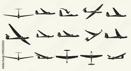 Collection of glider aircraft silhouettes in various flight positions.