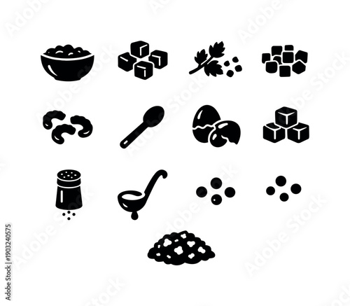 Stuffing Mixture. Solid icon set of Stuffing Mixture: mixing bowl, bread cubes, chopped herbs, diced onion, celery slices, wooden spoon,