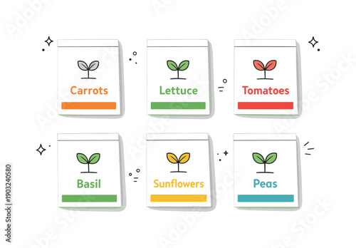 Seed packets spring gardening. A clean flat lay of seed packets with small sprout symbols and labels, evenly spaced to create visual rhythm.