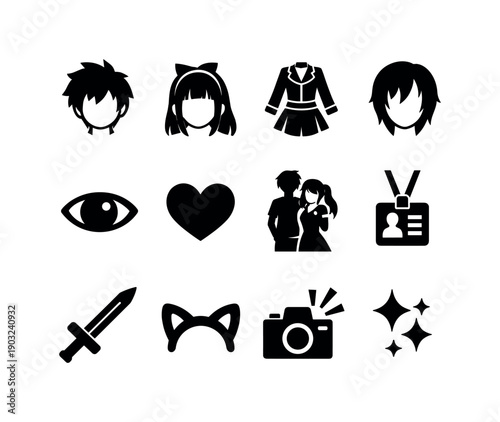 Anime Couple Cosplay Icons. Anime Couple Cosplay. Solid icon set of Anime Couple Cosplay: anime boy, anime girl, cosplay costume, wig, contact lenses, heart