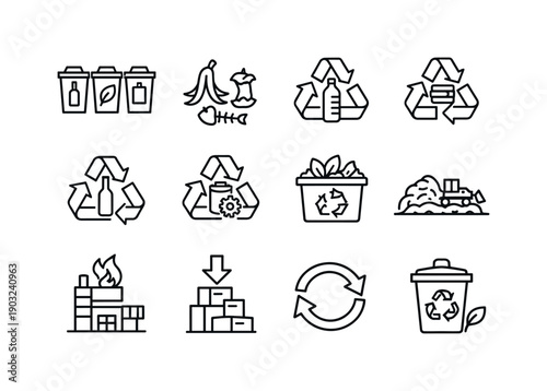 Waste Management Icons. Waste Management. Line icon set of Waste Management: waste sorting, organic waste, plastic recycling, paper recycling, glass recycling,