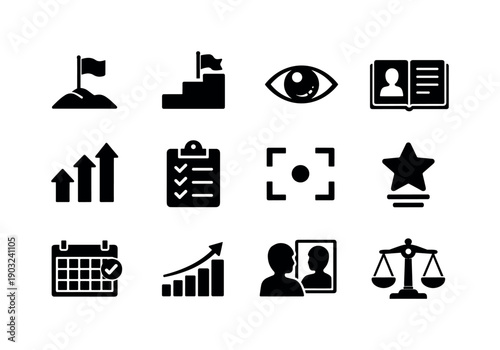Goal Setting and Reflection. Solid icon set of Goal Setting and Reflection: goal flag, milestone steps, vision eye, reflection notebook,