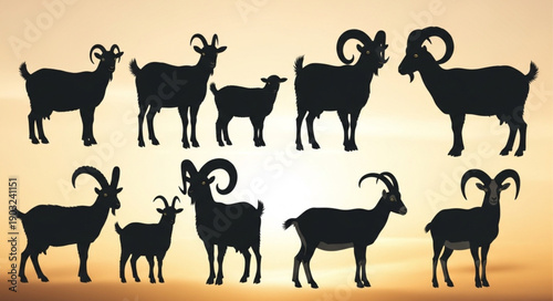 Collection of Goat Silhouettes Standing Against a Warm Sky.