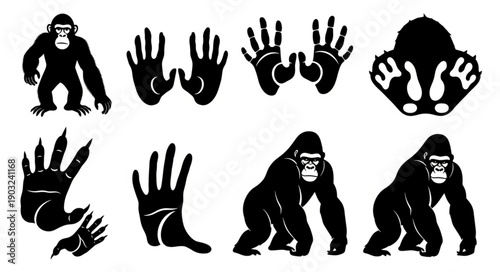 Collection of Gorilla and Hand Silhouette Icons.