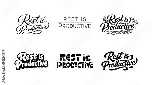 Rest is productive lettering. Set lettering. harmonious lettering variations of the same emblematic concept, each with different artistic