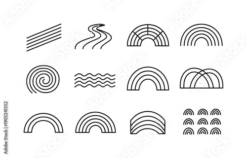 Rainbow Elements. Line icon set of Rainbow Elements: rainbow stripe, rainbow path, segmented arc, rainbow lines, spiral rainbow, rainbow