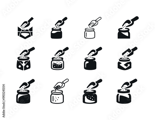 Spice Jar Logos. Refilling a spice jar. Icon set. Set Logo of Refilling a spice jar: spice scoop and glass jar. harmonious logo variations of the