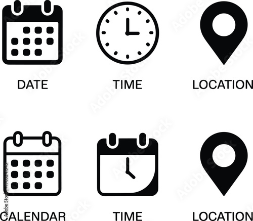 Calendar date icon, time clock symbol, location pin marker, scheduling design, event planning, appointment reminder, navigation element, user interface illustration