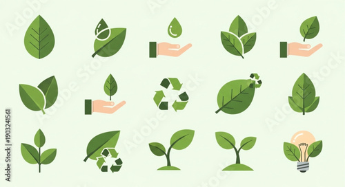 Collection of green leaf and nature icons for environmental themes.
