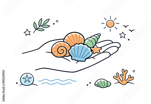 Seashell Harmony. Seashells collection. Hand gently holding a few seashells, presented in a simple editorial scene. Feeling of discovery, mindfulness, and