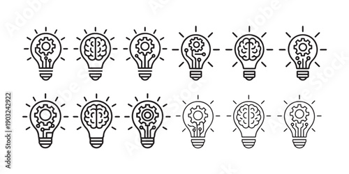 Creative Light Bulb Vector Set: Minimalist Idea Icons Featuring Gears, Brains, and Circuitry Line Art for Innovation, Technology, Brainstorming, and Mental Engineering Graphic Design Projects