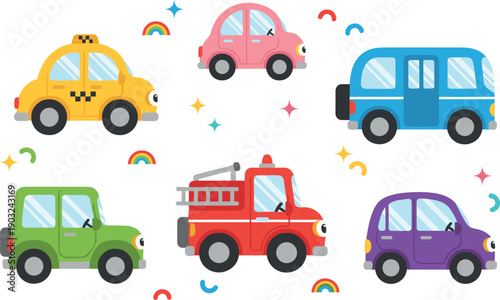Cute cartoon vehicles set with taxi bus fire truck and cars colorful illustration