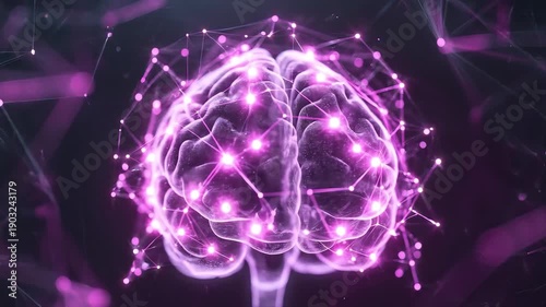 Medical CGI concept combining realistic MRI brain scan with transparent 3D neural network overlay, subtle purple awareness accents, high anatomical accuracy, clean clinical aesthetic