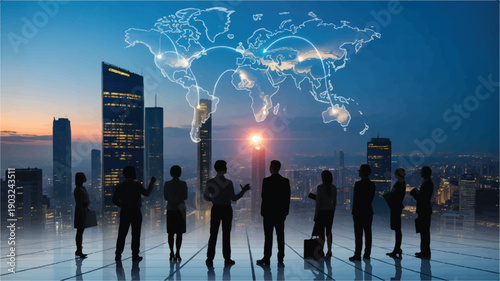 A digital composite image of business professionals silhouetted against a futuristic cityscape at dusk (1)_traced