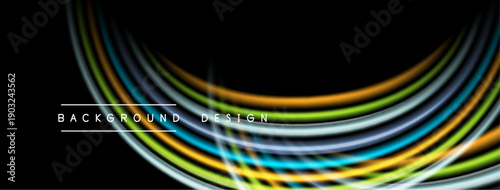 Abstract colorful lines curve over black background. Modern design elements create dynamic visual impact. Simple text labels bottom center.
