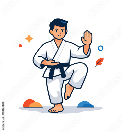 Martial arts focused fighter holding a balanced stance with calm posture and controlled movement, expressing discipline, strength and inner
