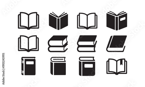 Premium Vector Set of Minimalist Book Icons Including Open Pages, Stacks, and Library Symbols in Bold Black and White Flat Design for Education and Publishing.