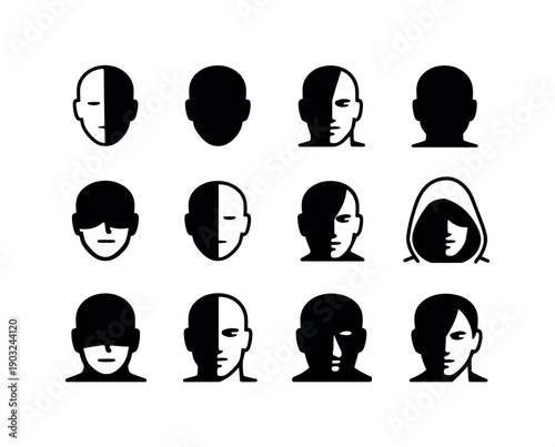 Shadowed face. Line icon set of Shadowed face: half-lit face, face in shadow, dramatic light face, silhouette face, shadow across eyes, split