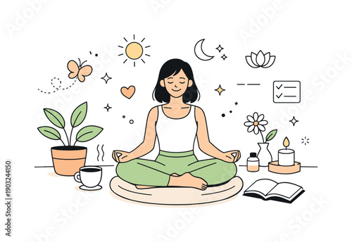 Spring wellness mood. Soft and nurturing atmosphere connected to mindfulness and self-care. Clean editorial illustration with plants, gentle