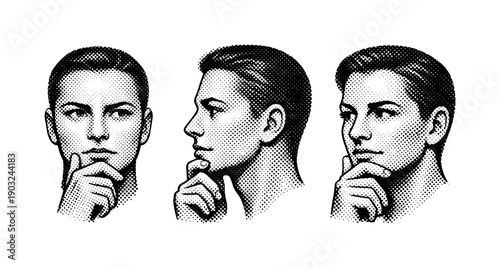 Black and white pop art face thoughtful expression A human face with a thoughtful expression is illustrated as one object shown from three