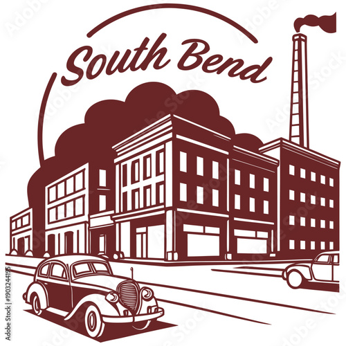 South Bend Indiana Retro Cityscape with Industrial Architecture and Antique Automobiles