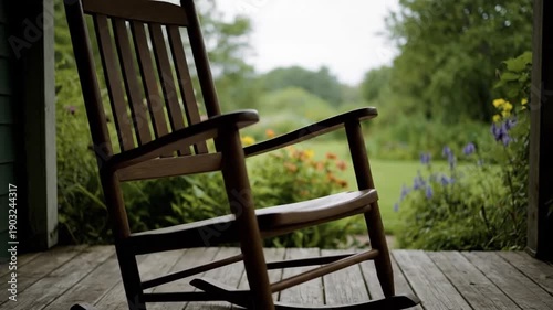 Empty wooden rocking chair gently sways on a porch overlooking misty rolling green hills at sunrise