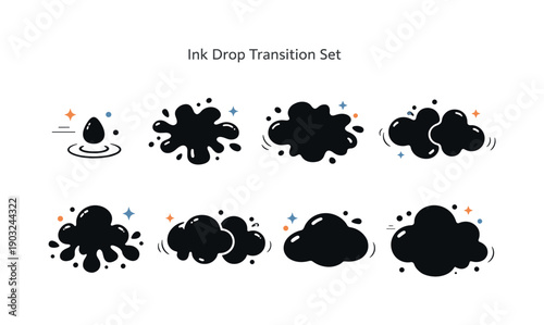 Ink drop transition set. A sequence of abstract ink drops at different stages of spreading and merging, arranged as a cohesive visual set.